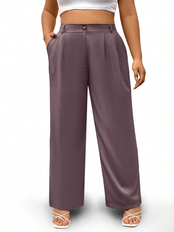 Franclia Plus Size Women's Solid Color Pleated Pocket Wide Leg Loose Casual Pants