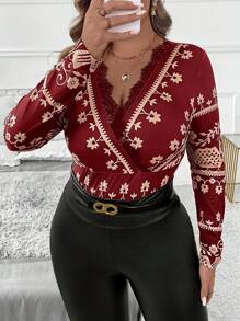 SHEIN Clasi Plus Size Women Print Lace Trim Crew Neck Long Sleeve T-Shirt, Autumn/Winter - Burgundy - View 4