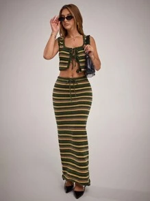 Forever 21 1 Peça Saia Longa de Tricô Casual Feminina com Listras Contrastantes - Multicolorido - Visão 5