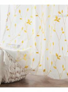 Perdele transparente cu broderie botanică / Perdea transparentă albă simplă cu buzunar / Perdele din voal semi-transparente cu aspect de in, model floral de viță de vie brodate / Pentru dormitor, sufragerie, decor de toamnă, decor de toamnă, decor cameră - Galben - Vizualizare 6