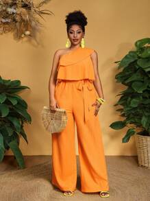 Slaydiva 大码女式夏季优雅办公室/度假纯橙色肩部荷叶边嵌件系带阔腿连体裤