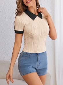 SHEIN Essnce 女士拼色领短袖修身纹理 T 恤 - 卡其色 - 查看 5