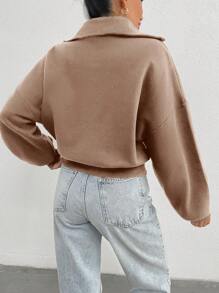 RueChic 100% Cotton Collar With Zipper Pattern Oversize Sweatshirt - Beige - View 2