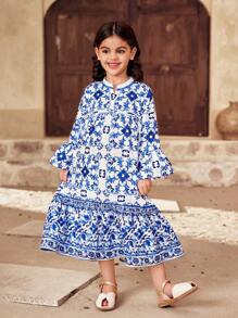 SHEIN Robe d'été décontractée assortie mère-fille, imprimé de porcelaine bleu et blanc, adaptée pour le port pendant le Ramadan, le printemps et l'été, parfaite pour les vacances - Bleu et Blanc - Voir 5