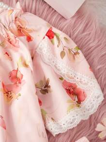 SHEIN 青少年女孩西瓜粉色花卉印花休闲宽松上衣和裤子两件套家居套装 - 西瓜粉 - 查看 5