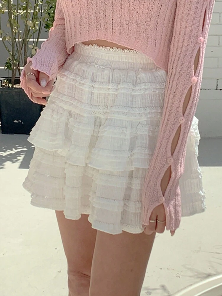 Women Lace Patchwork Short Skirt, Multi-Layer, White, Spring/Summer,Ruffle