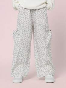 SUMWON Tween Girls Comfy Straight Fit Heart Printed Bow Pocket Cargo Parachute Pant - Beige - View 2