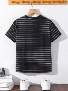 Tween Boys' Casual Loose Sporty Striped Letter Graphic Round Neck Short Sleeve T-Shirt, Suitable For Commuting, School, Daily Casual Wear, Sports, Spring/Summer - Black - View 2