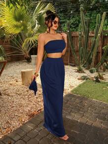 SHEIN SXY Conjunto de pantalones anchos con pernera ancha y plisado para mujer, diseño de verano, vacaciones, playa y estilo BOHO sexy - Azul Marino - Ver 5