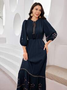 Seusyu 女士优雅刺绣灯笼袖长裙 - 藏蓝色 - 查看 7