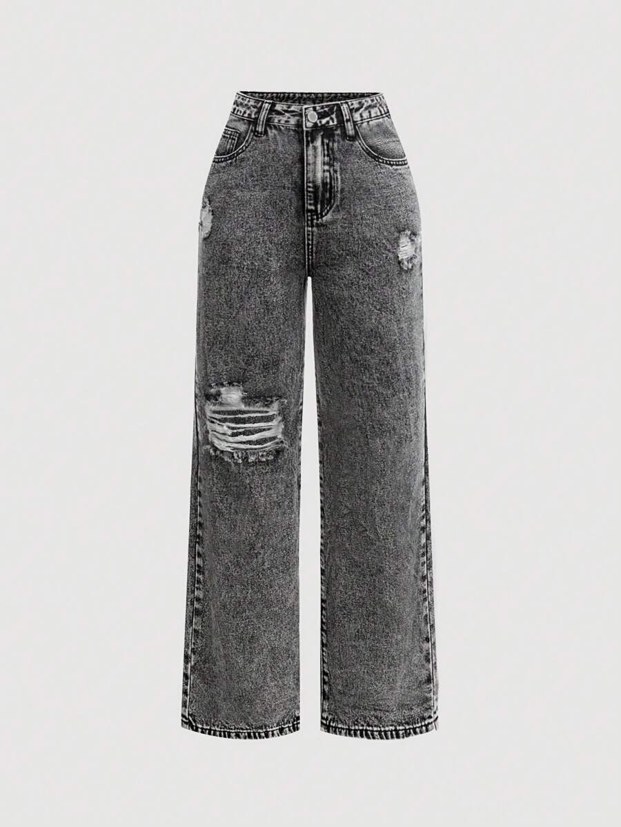 SHEIN Girlism 青少年女孩休闲破洞直筒牛仔裤