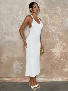 Glamine 女士 V 领优雅露背 A 字形无袖长款毛衣连衣裙，适合通勤穿着 - 白色 - 查看 4