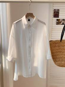 Comfortcana Spring And Summer Shirts White Casual Solid Drop Shoulder Button Front Beach Shirt