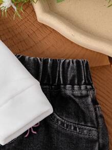 SHEIN Newborn Baby Girls' White Round Neck Sweatshirt, Pink Bow Print Denim Pants, Pink Bow Embroidery Cute Sweet Suit, Autumn/Winter