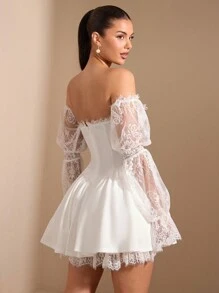 SHEIN BAE Váy trễ vai ren tương phản tay sen thanh lịch cho nữ, thích hợp cho những buổi hẹn hò lãng mạn, sự kiện tiệc, đi chơi thanh lịch, váy dự tiệc, váy dự tiệc cưới, tiệc Giáng sinh, trang phục ngày lễ, mùa thu/đông - trắng - Xem 2