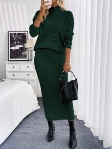 SHEIN Clasi 2 件套女士立领长袖毛衣和长款针织裙休闲装，秋冬 - 墨綠色 - 查看 4