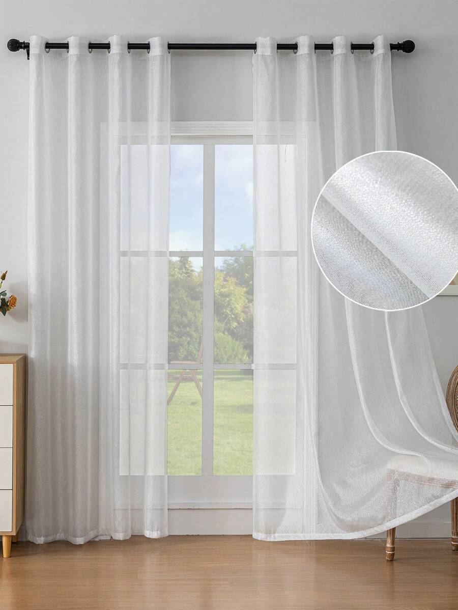 1pc Semi-Transparent Lightweight Shiny Silver Thread Luxury Decorative Voile Curtain,Fall Decor,Autumn Decor,Room Decor - Silver - View 1