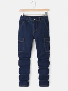 SHEIN Tween Boy 2pcs Casual Fashion Color Contrast Stitch Design Black Denim Baggy Long-Sleeved Jacket And Comfortable Stretch Skinny Jeans For Dailywear And Kids Clothes Boys - Dark Wash - View 5