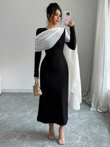 Rafferiza Vestido largo de mujer con cuello redondo de manga larga, asimétrico, de gasa transparente con empalmado de parches en blanco y negro, de estilo original nuevo para vacaciones, citas y fiestas, con cintura alta elástica y cremallera larga, elegante