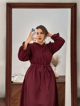 SHEIN Privé Plus Size Women Frill Trim Round Neck Long Sleeve Tie Waist Elegant Burgundy Dress