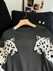 SHEIN Privé 大码女式优雅针织保暖毛衣，采用虎纹和豹纹拼色设计，适合通勤、工作场所、下午茶、约会、居家、办公室、圣诞节 - 彩色 - 查看 5