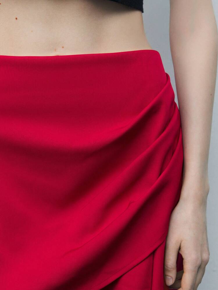 SHEIN Maija Women's Red Early Spring Ruched Side Decoration Concealed Zipper Wrap Mini Skirt, Versatile Elegant Daily Wear & Party Skirt For Valentine's Day Festival
