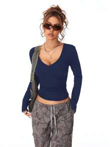 Coolane Women's Fall/Winter Casual Knit With Fleece V-Neck T-Shirt