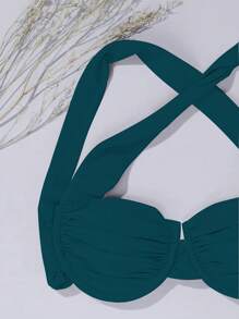 SHEIN Swim 1 件女式纯色褶皱性感比基尼上衣，带钢圈夏季 - 水鴨藍 - 查看 3