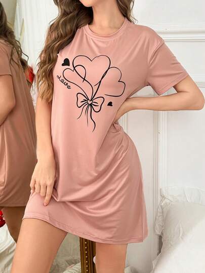 Heart Balloon Cartoon Print Short Sleeve Shirt Nightgown