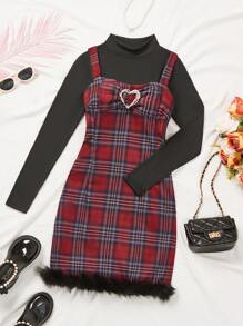 SHEIN Bộ 2 áo phông lót ấm áp dễ thương cho bé gái tuổi teen + váy kẻ caro - Nhiều màu - Xem 1