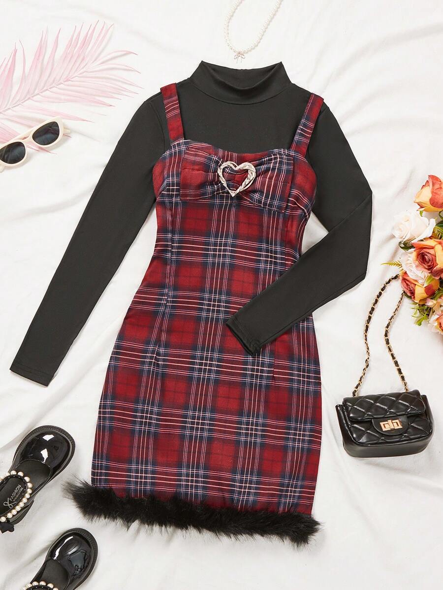 SHEIN Bộ 2 áo phông lót ấm áp dễ thương cho bé gái tuổi teen + váy kẻ caro - Nhiều màu - Xem 1