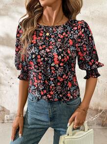 SHEIN Clasi Áo kiểu nữ tay lửng cổ tròn dáng rộng in họa tiết hoa đồng quê, phong cách đồng quê, thích hợp mặc mùa hè và mùa xuân. - Nhiều màu - Xem 3