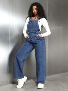 SHEIN EZwear Women's Casual Washed Straight Leg Denim Bib Overalls - Medium Wash - View 3
