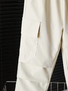 Young Boy Elastic Waist Flap Pockets Pleated Decorative Design Cargo Pants, Suitable For Outdoor Spring/Summer Wear - Apricot - View 7