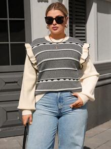 SHEIN LUNE 大码荷叶边装饰套头衫，简约时尚休闲日常穿着 - 彩色 - 查看 5