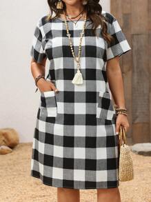 EMERY ROSE Vestido de mujer de tallas grandes de manga corta a cuadros en blanco y negro, para verano - Blanco y Negro - Ver 7
