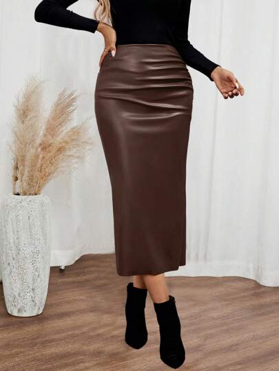 EMERY ROSE Women's Solid Color Ruffle PU Leather Long Skirt, Fashion