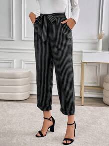 EMERY ROSE Women Casual Striped Tapered Suit Pants For Commuting - Black - View 4