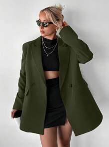 EURMUSE Lapel Neck Flap Detail Double Button Blazer - Dark Green - View 3