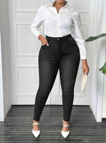 SHEIN Privé 大码女式深灰色弹力紧身牛仔裤，时尚百搭