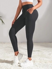 Easithlete 女式高腰弹力健身瑜伽裤，带口袋 - 深灰色 - 查看 4