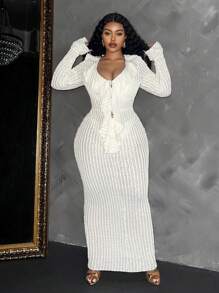 Maweii Plus Size Women Semi-Sheer Textured Ruffle Hem Party Dress Maxi Women Outfit - Beige - View 4