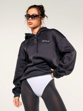 Athîral Women's Casual Letter Embroidered Drop Shoulder Loose Kangaroo Pocket Half Button Drawstring Hoodie Sweatshirt Warm Cold Weather Thermal Pullover