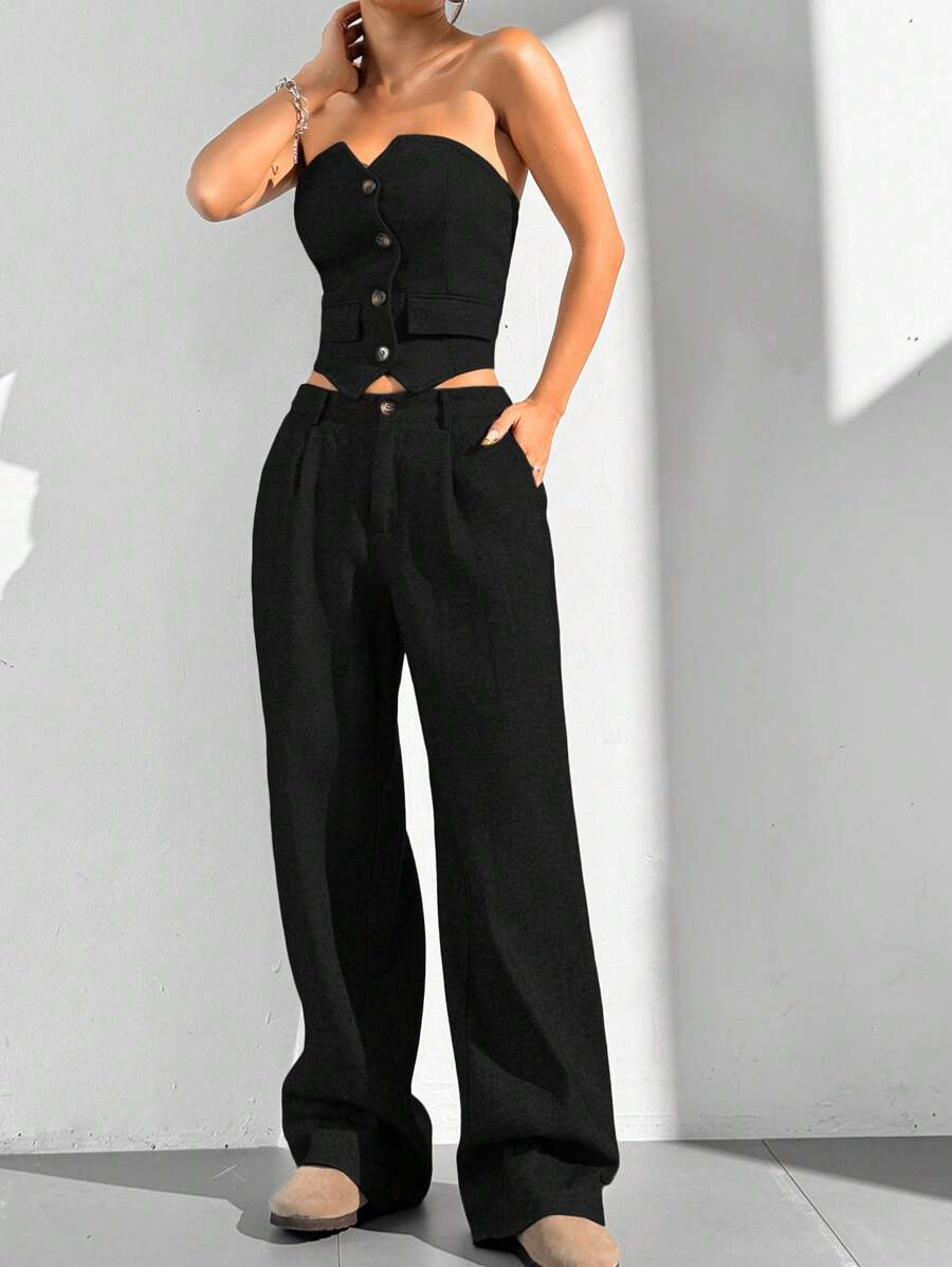 SHEIN EZwear 2pcs Women Solid Color Front Button Pocket Casual Top And Pants Set - Black - View 1