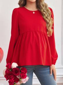 SHEIN Maternity Plaid Backless Tie Bow Blouse, Festive Red Elegant High-End Woven Long Sleeve Top, Autumn, For Women - Red - View 3