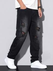 Manfinity Homme Men's Simple Distressed Pocket Jeans, Casual Everyday Wear, Emo Style - Black - View 5