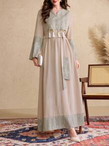 Al Najma 女士优雅阿拉伯风格拼接流苏袖长裙，阿拉伯风格连衣裙，端庄大方