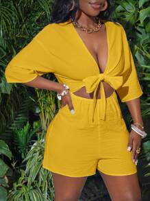 Slaydiva Vakantie Witte Voorkant Twist Holle 3/4 Mouw Losse Jumpsuit