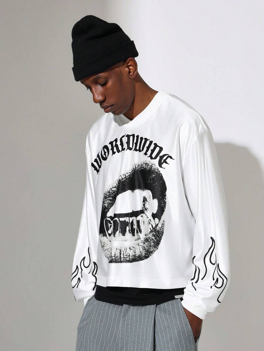 SUMWON Crop Fit Long Sleeve V-Neck Satin Tee With Large Graphic Print - White - View 1