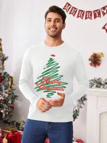 Manfinity VCAY Camiseta casual de manga larga de cuello redondo con ajuste ceñido y estampado de árbol de Navidad para hombres, apta para otoño y Navidad, sets a juego para toda la familia - Blanco - Ver 2